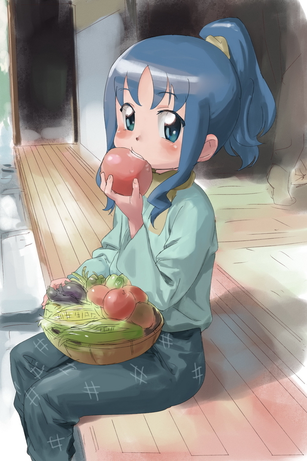 10s apple blue_eyes blue_hair eating food fruit heartcatch_precure! japanese_clothes japanese_veranda kurumi_erika long_hair makacoon ponytail porch precure sitting solo tomato vegetable veranda
