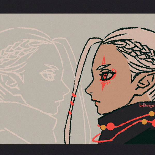 1girl artist_name asymmetrical_bangs asymmetrical_hair bellhenge braid eye_symbol facial_mark from_side hyrule_warriors impa long_hair nintendo pointy_ears red_eyes single_braid solo the_legend_of_zelda upper_body white_hair