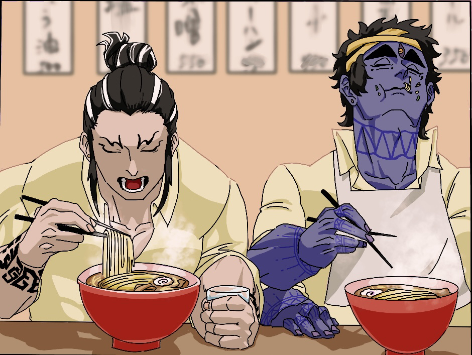 2boys apron arm_tattoo bandana black_hair black_tattoo blue_tattoo chopsticks closed_eyes collarbone collared_shirt colored_skin eating extra_arms extra_eyes finger_tattoo food food_on_face from_front hair_bun holding holding_chopsticks holding_glass lower_teeth_only male_focus multicolored_hair multiple_boys multiple_eyes muscular muscular_male noodles ponytail purple_skin raiden_tameemon_(shuumatsu_no_valkyrie) ramen room shirt shiva_(shuumatsu_no_valkyrie) short_hair shuumatsu_no_valkyrie sitting sleeves_rolled_up steam streaked_hair table tattoo teeth thick_eyebrows third_eye topknot two-tone_hair upper_body white_apron white_hair wrist_tattoo yellow_bandana yellow_shirt