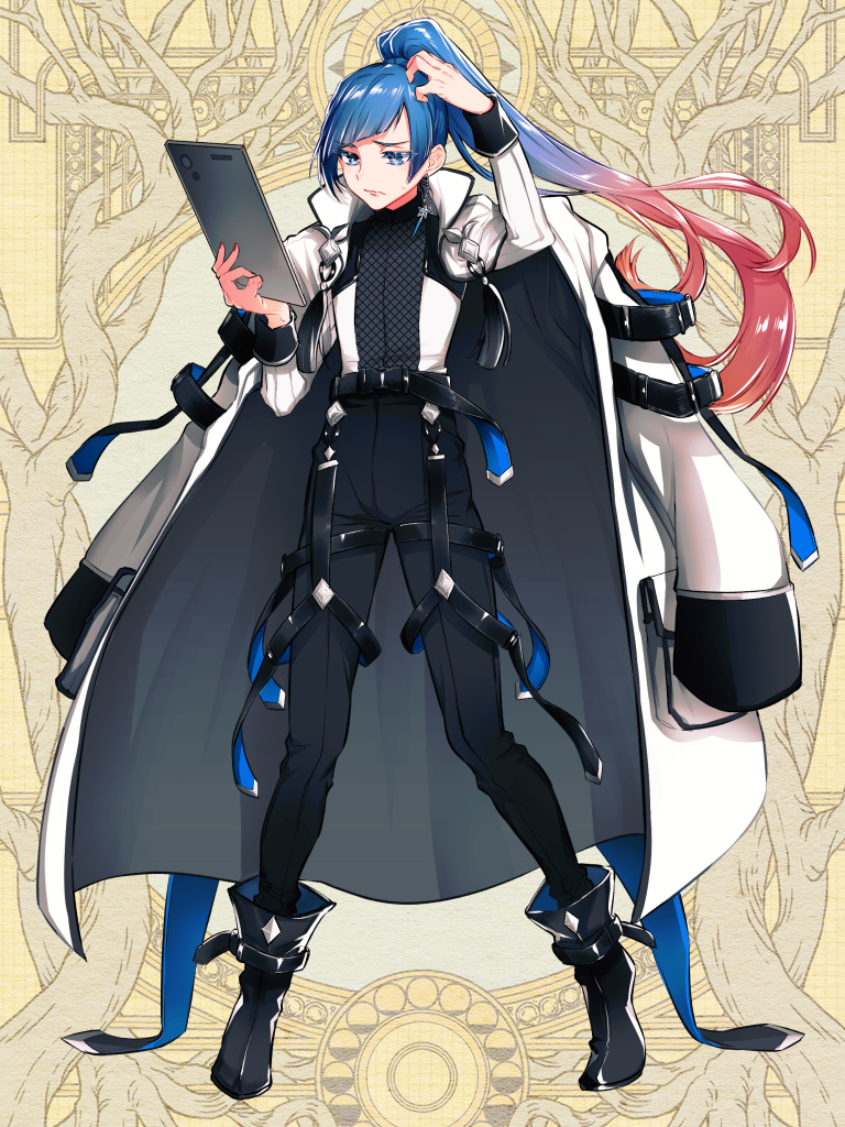1boy alba_alfurira androgynous ankle_boots belt black_belt black_boots black_pants black_shirt blue_eyes blue_hair boots closed_mouth coat coat_on_shoulders confused dairoku_ryouhei diagonal_bangs earrings fishnet_top fishnets floating_earrings frown full_body gradient_hair grey_coat high-waist_pants holding holding_tablet_pc jacket jewelry long_hair long_sleeves looking_at_object male_focus morino_bambi multicolored_hair pants pigeon-toed red_eyes red_hair red_nails scratching_head shirt shirt_tucked_in single_earring sleeve_cuffs solo star_(symbol) star_earrings sweatdrop tablet_pc tassel thigh_strap two-sided_coat two-sided_fabric white_coat white_jacket yellow_background