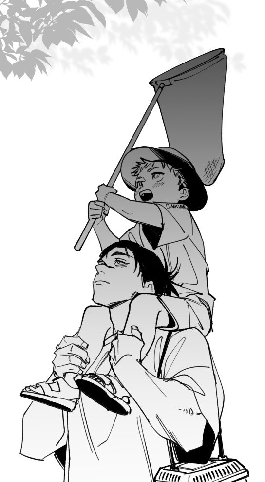 2boys aged_down arms_up bug bug_cage butterfly_net carrying carrying_person choso_(jujutsu_kaisen) closed_mouth facial_mark greyscale hand_net hand_on_another&#039;s_leg hat holding holding_butterfly_net itadori_yuuji jujutsu_kaisen looking_up male_focus monochrome multiple_boys oimo_(oimkimn) open_mouth sandals shirt shorts shoulder_carry t-shirt teeth tree upper_teeth_only white_background