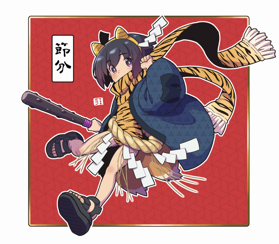 1girl animal_ears animal_print black_hair black_sandals brown_eyes brown_hairband brown_leotard brown_scarf club club_(weapon) commentary_request covered_mouth fake_horns fox_ears fox_girl fox_tail fringe_trim full_body hairband hand_up holding holding_weapon horns kanabou kitsune kukuri_(mawaru) leotard mawaru_(mawaru) open_clothes orange_leotard original outline print_scarf rope sandals scarf shide shimenawa shoe_soles solo tail tiger_print translation_request weapon white_outline