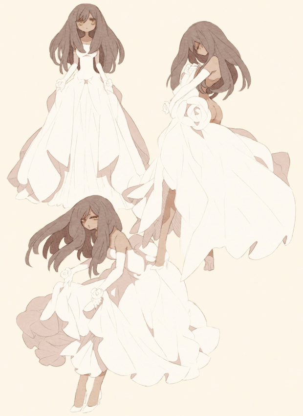 3girls ass brown_hair dark_skin dark-skinned_female dress elbow_gloves fate/strange_fake fate_(series) gloves guilty high_heels long_hair multiple_girls shoes tine_chelc tsumi_guilty