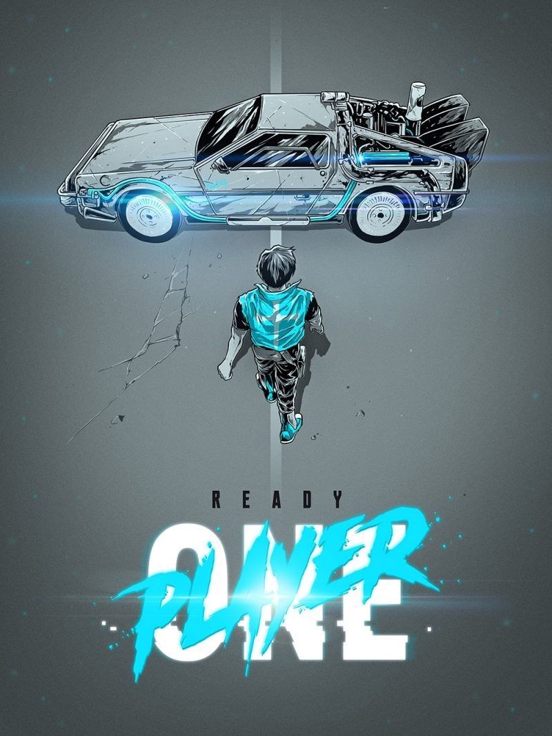 1boy akira_(manga) artist_request back_to_the_future car damaged delorean energy from_above glowing kaneda_shoutarou_(akira) logo mmorpg motor_vehicle movie_poster parody parzival pixels ready_player_one science_fiction style_parody time_machine vest video_game wade_owen_watts walking