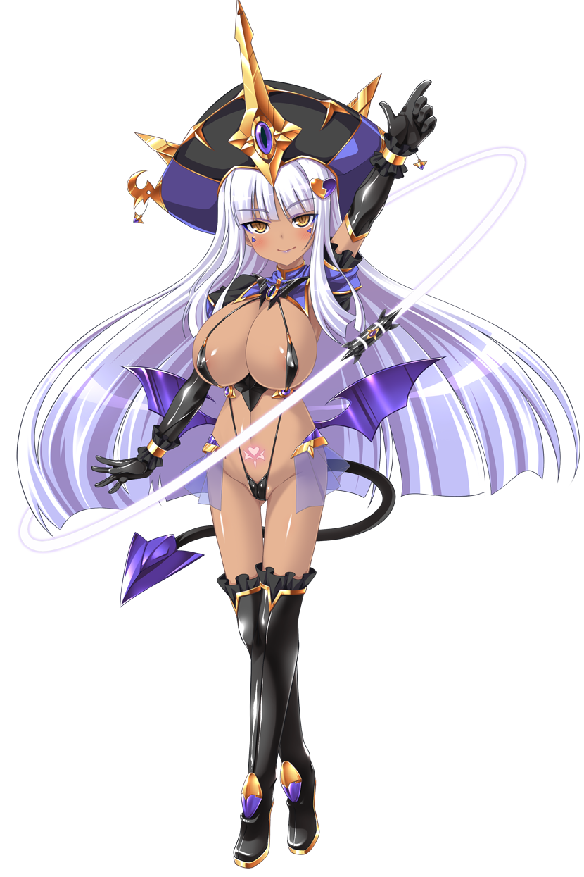 1girl aoi_masami areola_slip arm_up black_gloves blush boots breasts crescent dark-skinned_female dark_skin demon_girl demon_tail demon_wings doumyouji_kotetu elbow_gloves full_body game_cg gloves hair_ornament hat highres huge_breasts large_variant_set long_hair looking_at_viewer navel non-web_source official_art pubic_tattoo slave_gear slave_rain slingshot_swimsuit smile solo swimsuit tail tan tattoo thigh_boots thighhighs transparent_background ts_magical_girl_nao variant_set whip white_hair wings yellow_eyes
