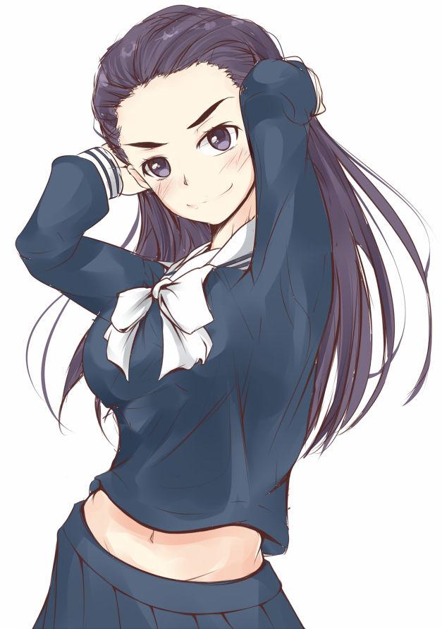 1girl a_certain_high_school_uniform arms_behind_head arms_up black_hair blue_shirt blue_skirt blush bow breasts closed_mouth commentary_request forehead fukiyose_seiri grey_eyes large_breasts long_hair long_sleeves looking_at_viewer medium_eyebrows midriff navel pleated_skirt sailor_collar school_uniform serafuku shin_(highest1192) shirt simple_background skirt smile solo stomach toaru_majutsu_no_index upper_body white_background white_bow white_sailor_collar winter_uniform