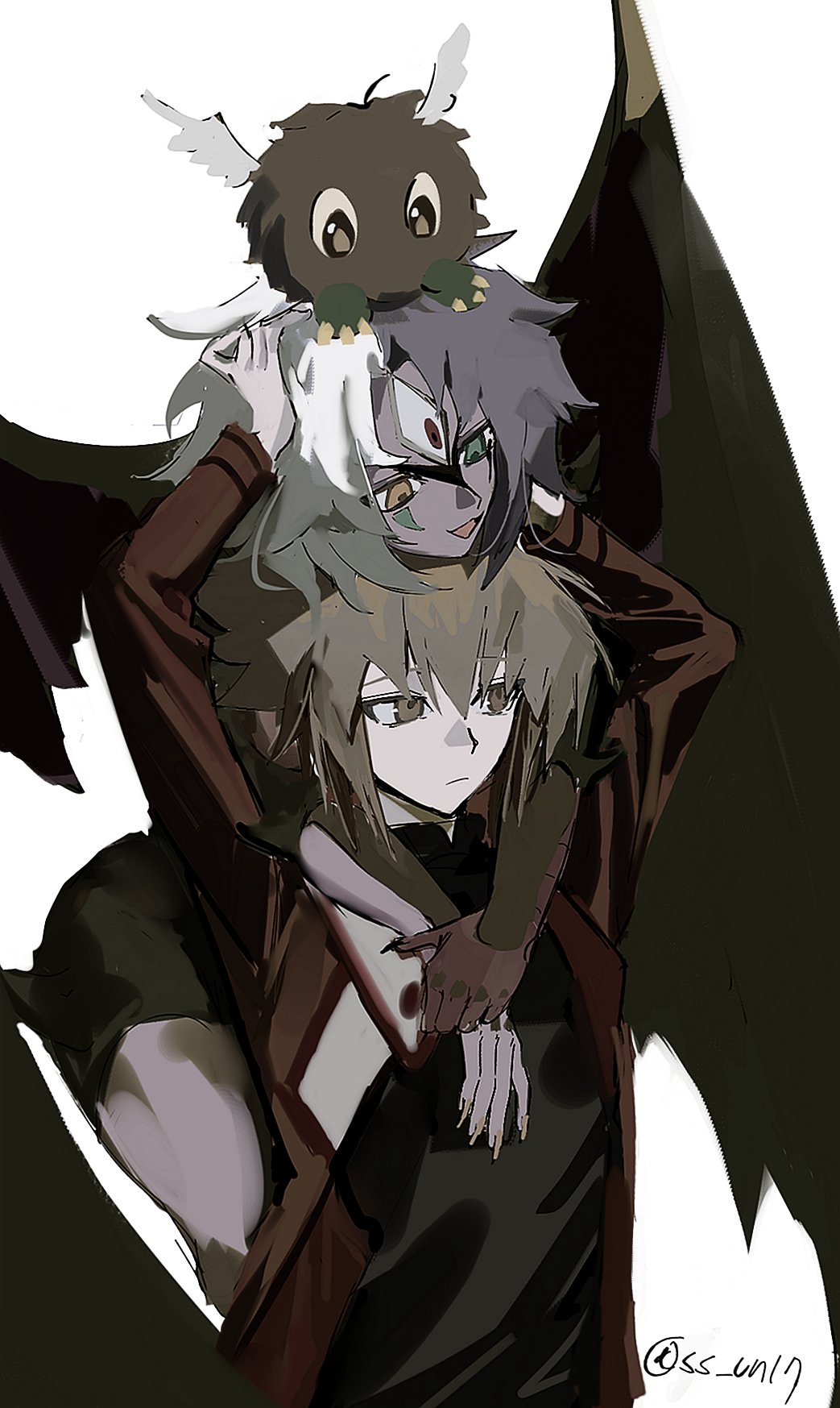 angel_wings black_shirt blue_hair brown_eyes brown_hair chin_rest claws demon_girl demon_wings duel_academy_uniform_(yu-gi-oh!_gx) duel_monster green_eyes hands_on_another&#039;s_head head_on_head head_rest heterochromia highres hug jacket monster_girl multicolored_hair orange_eyes red_jacket shirt ss_un17 third_eye white_hair winged_kuriboh wings yu-gi-oh! yu-gi-oh!_gx yubel yuki_judai