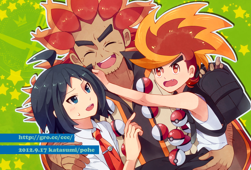 ahoge alder_(pokemon) backpack bag benga_(pokemon) black_hair blue_eyes cheren_(pokemon) closed_eyes collared_shirt dated dutch_angle fang game_freak grandfather_and_grandson male_focus necktie nintendo open_mouth orange_eyes orange_hair pohe poke_ball poke_ball_(basic) pokemon pokemon_bw2 red_hair red_necktie shirt sleeveless sleeveless_shirt star_(symbol) sweatdrop thick_eyebrows white_shirt