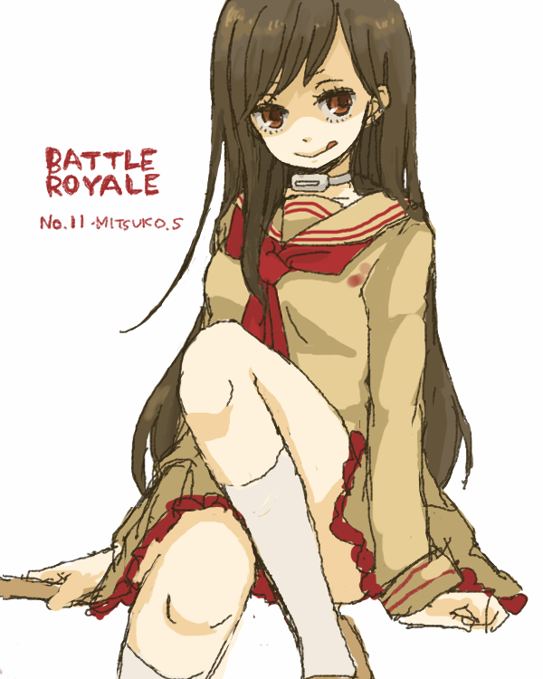 1girl battle_royale brown_eyes copyright_name female_focus long_hair school_uniform skirt socks solo souma_mitsuko_(battle_royale) tongue tongue_out white_background white_socks yukke