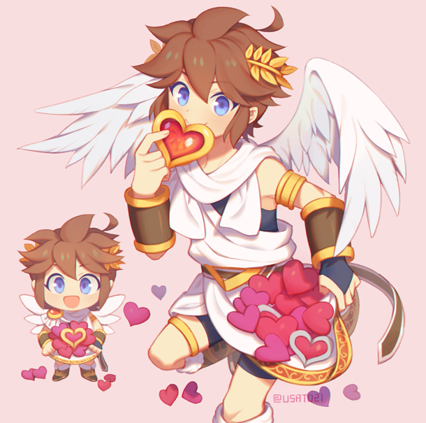 ahoge ancient_greek_clothes angel angel_wings armlet bike_shorts_under_skirt blue_eyes brown_hair chibi chiton covering_own_mouth fingerless_gloves gloves greco-roman_clothes heart holding holding_heart jewelry kid_icarus kid_icarus_uprising laurel_crown male_focus nintendo pink_background pit_(kid_icarus) wings wusagi2