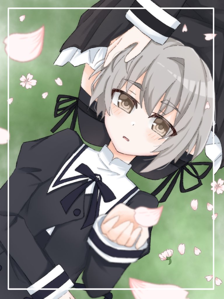 2girls arm_across_waist assault_lily black_ribbon black_skirt black_thighhighs blush brown_eyes buttons cherry_blossoms commentary cropped_jacket day falling_petals flower frilled_skirt frills grey_hair hand_on_another&#039;s_head hand_up high-waist_skirt juliet_sleeves kawazoe_misuzu lap_pillow leg_ribbon long_sleeves looking_at_viewer lying multiple_girls neck_ribbon on_back on_ground outdoors parted_lips petals pink_flower puffy_sleeves ribbon sana_(hs_yp1) school_uniform seiza shirai_yuyu short_hair sitting skirt solo_focus symbol-only_commentary thigh_ribbon thighhighs upper_body yurigaoka_girls_academy_school_uniform zettai_ryouiki