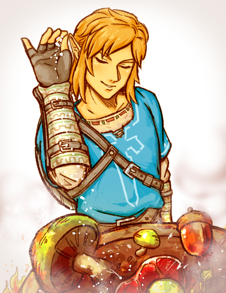 1boy acorn arm_at_side arm_guards belt belt_buckle blonde_hair brown_gloves buckle cooking fingerless_gloves food gloves leather leather_belt link male_focus meat meme mushroom nintendo parted_lips pointy_ears salt salt_bae_(meme) shoulder_belt smile steam the_legend_of_zelda the_legend_of_zelda:_breath_of_the_wild tunic upper_body