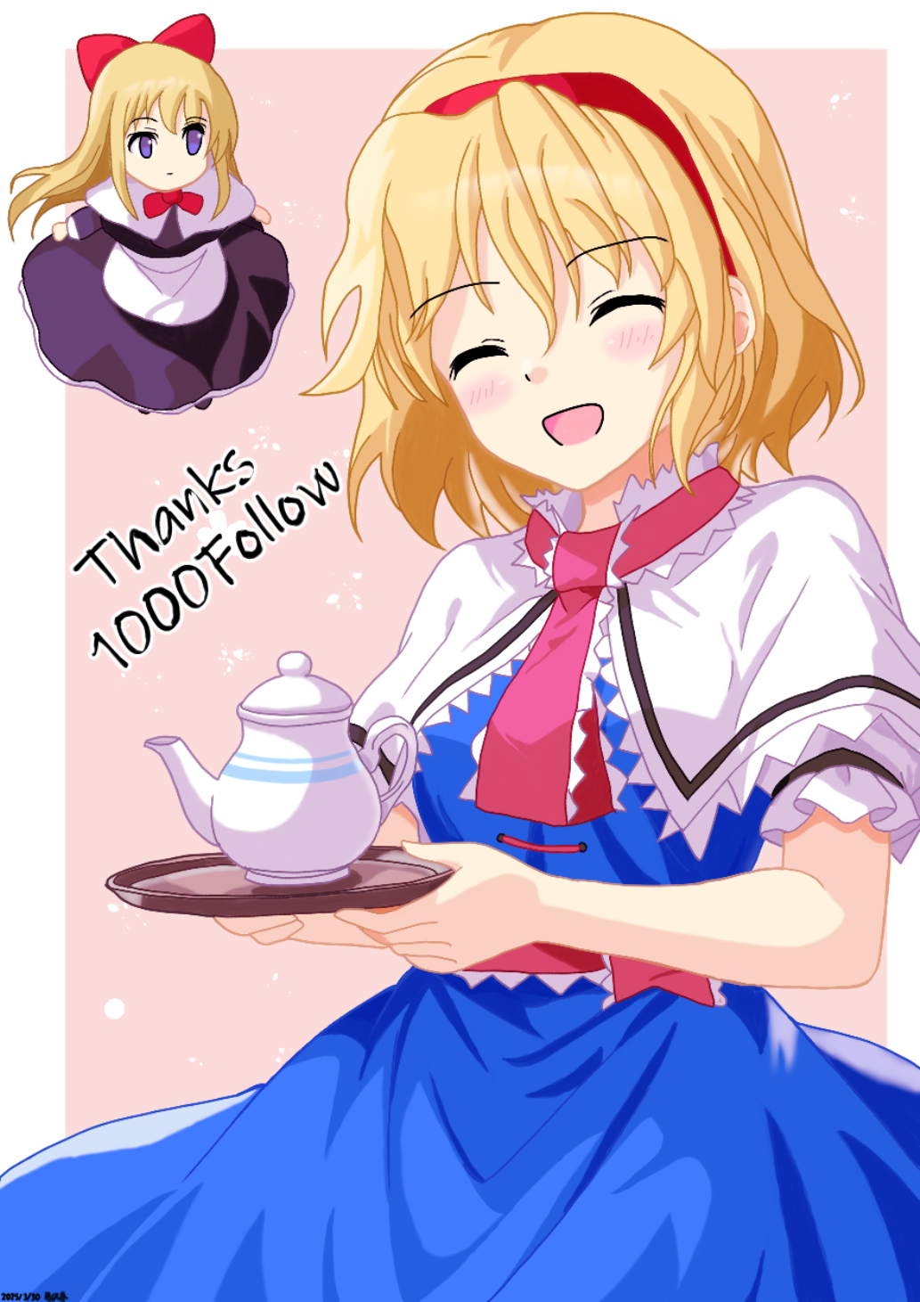1girl alice_margatroid blonde_hair blue_dress blush capelet closed_eyes commentary_request doll dress facing_viewer frilled_sash hairband highres holding holding_tray milestone_celebration mist9801km open_mouth pink_sash red_hairband sash shanghai_doll smile solo teapot touhou tray waist_sash white_capelet