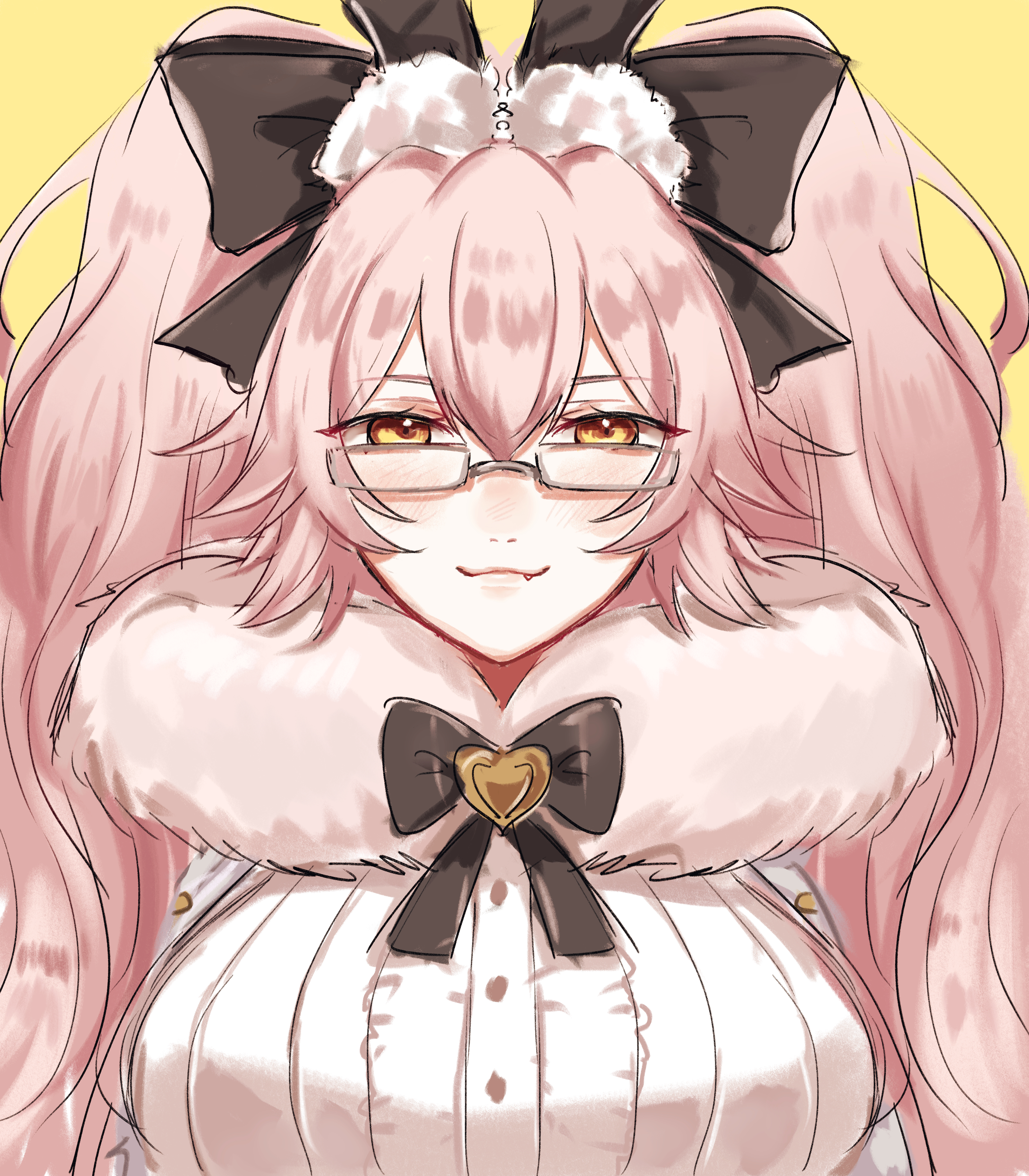 1girl absurdres animal_ear_fluff animal_ears black_bow black_bowtie blush bow bowtie breasts cinq101 coat commentary dress_shirt fang fate/grand_order fate_(series) fox_tail fur-trimmed_coat fur_trim gloves heart highres koyanskaya_(assassin)_(second_ascension)_(fate) koyanskaya_(fate) large_breasts long_hair looking_at_viewer pom_pom_(clothes) rabbit_ears shirt smile solo tail tamamo_(fate) twintails white-framed_eyewear white_shirt yellow_background yellow_eyes