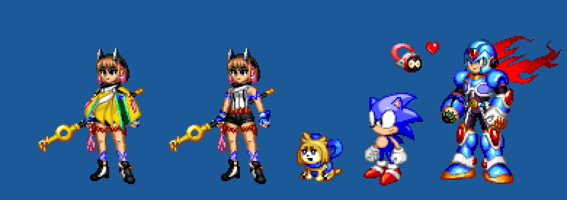 1girl arm_cannon armor art_study azure_striker_gunvolt azure_striker_gunvolt_2 azure_striker_gunvolt_3 bare_shoulders blue_armor blue_background blue_eyes blue_fur blue_helmet body_fur breasts brown_hair crossover dog forehead_jewel full_body gunvolt helmet highres kirin_(gunvolt) medium_breasts mega_man_(series) mega_man_x:_command_mission mega_man_x_(series) multicolored_hair new_armor_x_(mega_man) pink_hair pixel_art roro_(combat_pod)_(gunvolt) shirt simple_background sonic_(series) sonic_the_hedgehog theultdark two-tone_hair weapon white_shirt x_(mega_man) yellow_cloak
