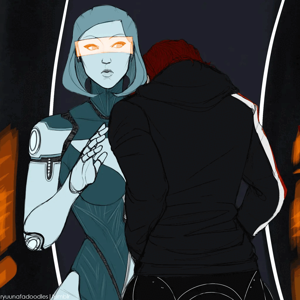 animated animated_gif commander_shepard commander_shepard_(female) edi_(mass_effect) joker_(mass_effect) leaning_on_person mass_effect_(series) n7_hoodie robot ryuuna tumblr tumblr_username