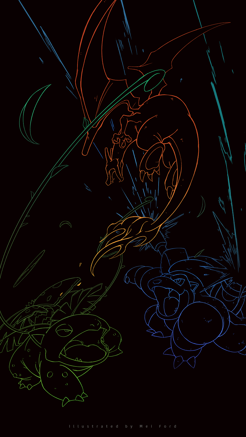 black_background blastoise charizard fiery_tail firing flower gen_1_pokemon highres limited_palette lineart mei_ford nintendo open_mouth plant pokemon pokemon_(creature) sharp_teeth shoulder_cannon simple_background tail teeth turtle venusaur vines water wings