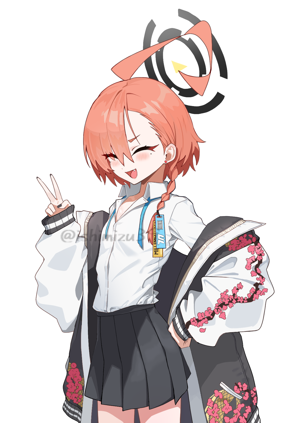 1girl ahoge asymmetrical_bangs black_skirt blue_archive blush braid closed_eyes collared_shirt cowboy_shot earrings fang flat_chest halo hand_on_own_hip highres huge_ahoge jacket jewelry jjigong_chigon long_sleeves mole mole_under_eye neru_(blue_archive) off_shoulder open_clothes open_jacket orange_hair pleated_skirt shirt shirt_tucked_in short_hair simple_background single_braid skirt solo standing stud_earrings sukajan twitter_username v watermark white_background white_jacket white_shirt