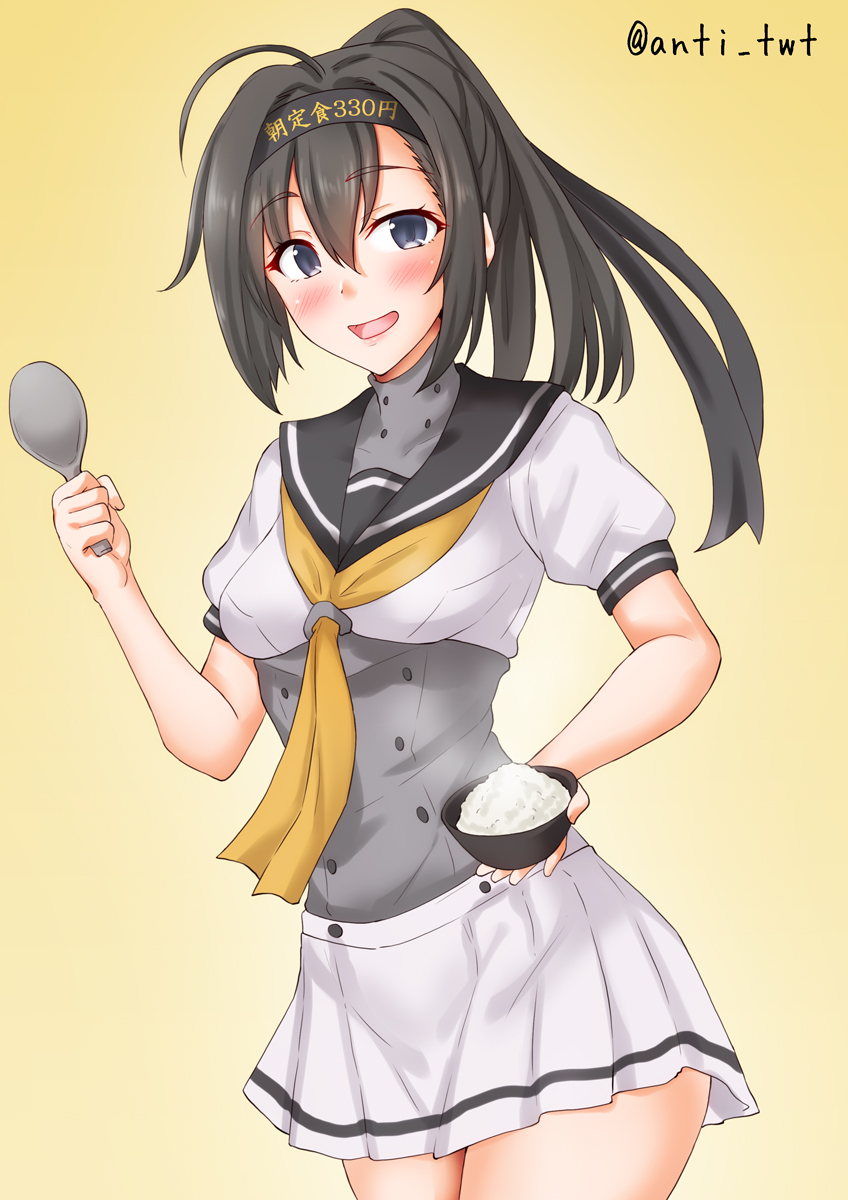 1girl ahoge akizuki_(kancolle) anti_(untea9) black_hair blue_eyes blush bowl breasts gloves gradient_background hachimaki hair_ornament hairband headband highres holding holding_bowl kantai_collection long_hair looking_at_viewer neckerchief open_mouth pleated_skirt ponytail rice rice_bowl school_uniform serafuku skirt small_breasts smile solo spoon yellow_background