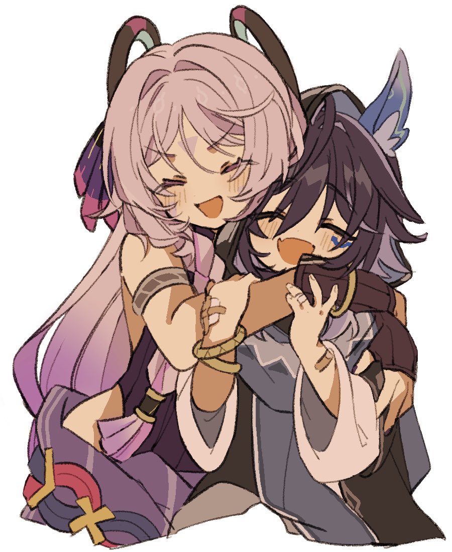 1boy 1girl :d ^_^ animal_ear_fluff animal_ears brown_gloves citlali_(genshin_impact) closed_eyes facial_mark fang fingerless_gloves forehead_mark genshin_impact gloves grandmother_and_grandson hug hug_from_behind iwashi_(iwashi008) open_mouth ororon_(genshin_impact) simple_background skin_fang smile triangle triangle_facial_mark white_background