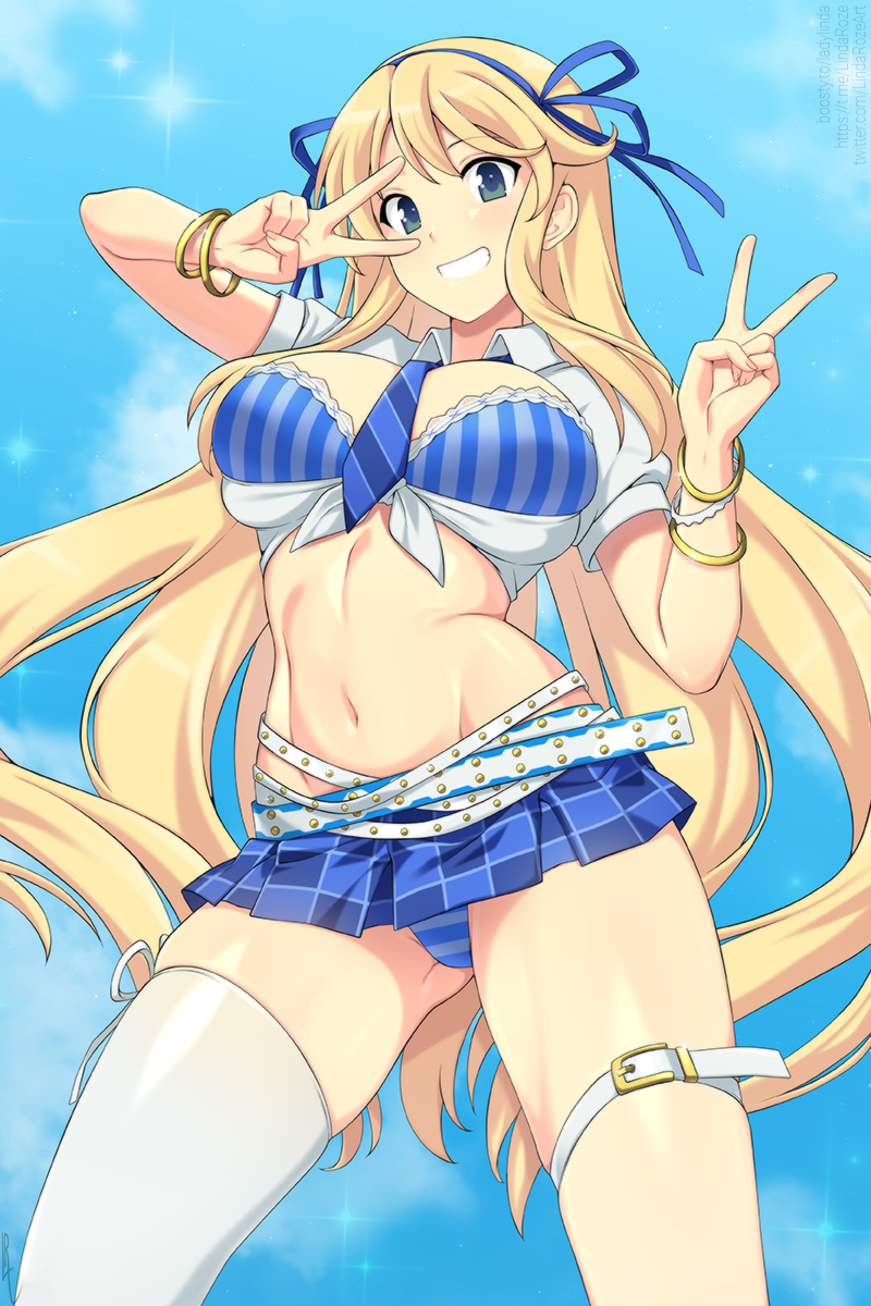 1girl belt blonde_hair blue_bra blue_eyes blue_necktie blue_panties blue_ribbon blue_skirt bra bracelet breasts commentary diagonal-striped_clothes diagonal-striped_necktie double_v english_commentary gluteal_fold hair_ribbon highres jewelry katsuragi_(senran_kagura) large_breasts lindaroze long_hair looking_at_viewer navel necktie panties ribbon senran_kagura shirt short_sleeves single_thighhigh skirt smile solo striped_bra striped_clothes striped_panties thigh_strap thighhighs tied_shirt underwear v vertical-striped_bra vertical-striped_clothes very_long_hair white_belt white_shirt white_thighhighs