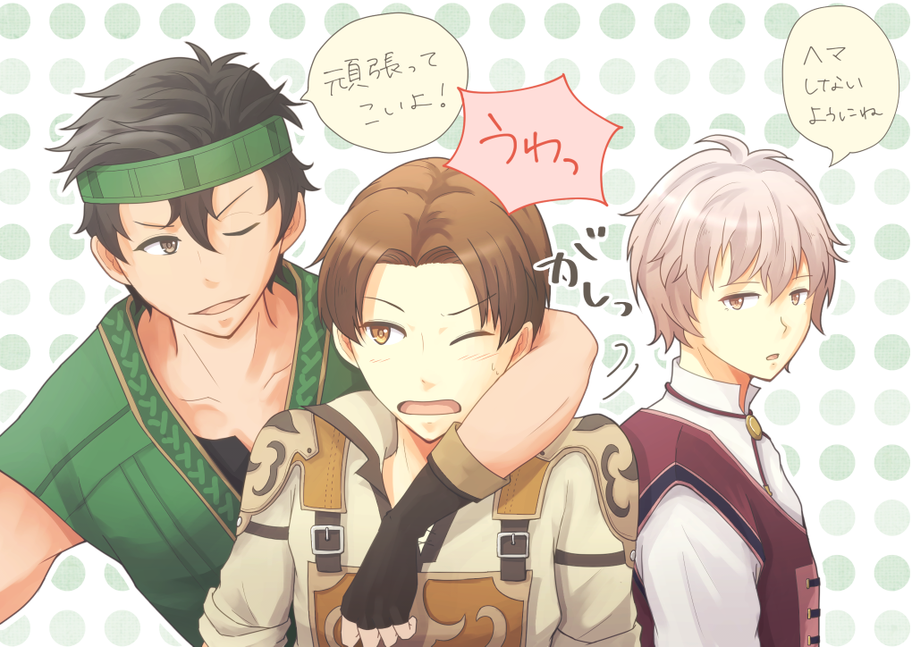 ! black_hair blush brown_eyes brown_hair dark_skin dark-skinned_male fingerless_gloves fire_emblem fire_emblem_echoes:_shadows_of_valentia gloves gray_(fire_emblem) headband isakom_fe kliff_(fire_emblem) male_focus nintendo one_eye_closed open_mouth purple_eyes tobin_(fire_emblem) upper_body white_hair
