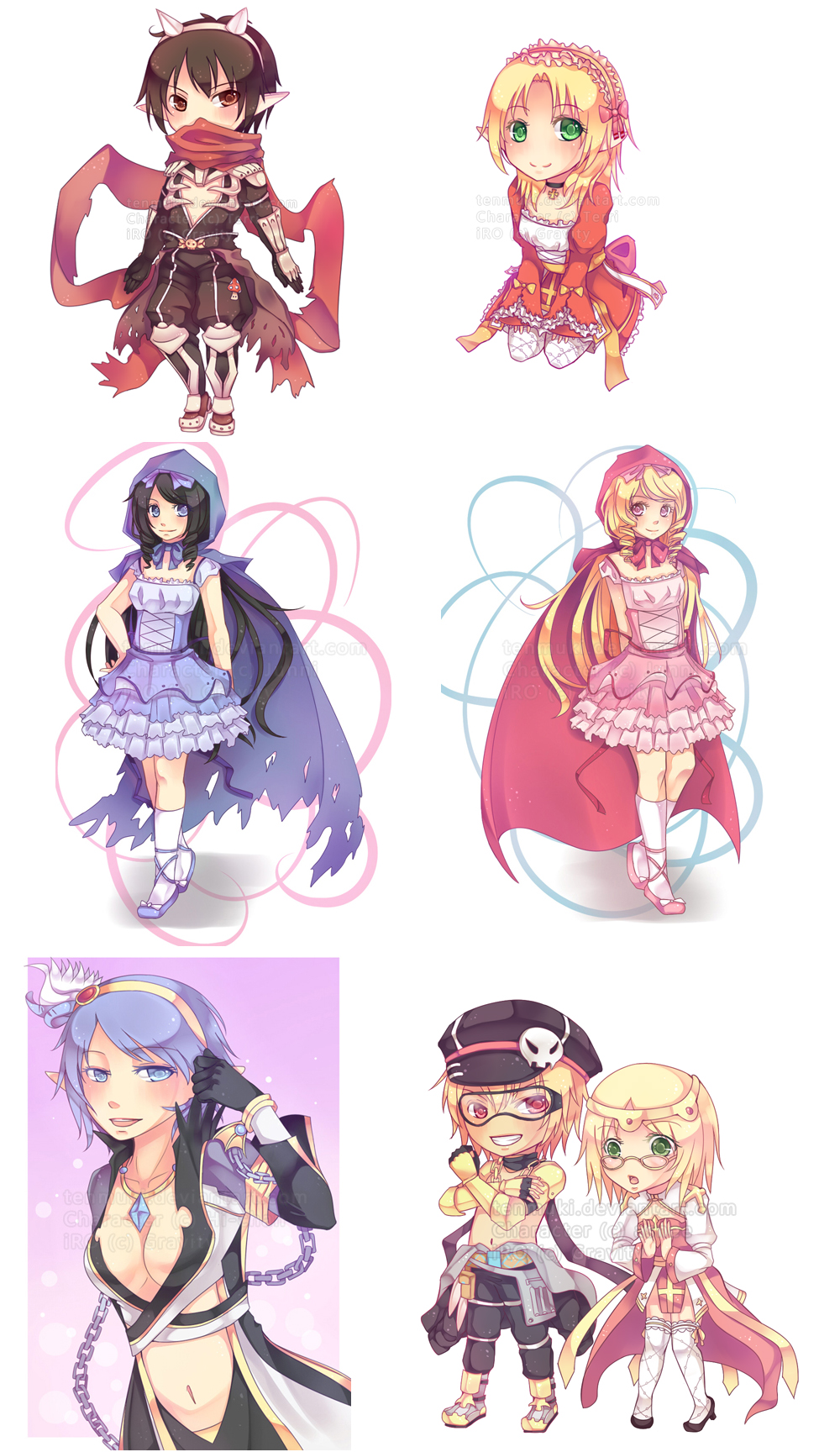 2boys 5girls adapted_costume arch_bishop_(ragnarok_online) armor armored_boots assassin_cross_(ragnarok_online) black_cape black_gloves black_hat black_pants black_shirt black_shoes blonde_hair boots breasts cape chibi chibi_inset circlet cleavage cleavage_cutout cloak clothing_cutout coat commentary commission crop_top dress drill_hair drill_sidelocks elbow_gloves english_commentary fishnet_thighhighs fishnets frilled_dress frilled_sleeves frills full_body glasses gloves goggles gold_hairband green_eyes grey_coat grey_jumpsuit grin hairband hat hat_ornament highres hood hood_up hooded_cloak juliet_sleeves jumpsuit jumpsuit_around_waist large_breasts long_hair long_sleeves looking_at_viewer mechanic_(ragnarok_online) multiple_boys multiple_girls navel open_clothes open_coat open_mouth original pants pauldrons pink_dress pointy_ears puffy_sleeves purple_cloak purple_dress ragnarok_online red_cloak red_dress red_eyes red_scarf sash scarf seiza shirt shoes short_hair shoulder_armor shrug_(clothing) sidelocks simple_background sitting skull skull_hat_ornament smile socks standing suspenders tenmuki thighhighs torn_cape torn_clothes vambraces waist_cape warlock_(ragnarok_online) white_background white_dress white_shirt white_socks white_thighhighs yellow_armor yellow_sash
