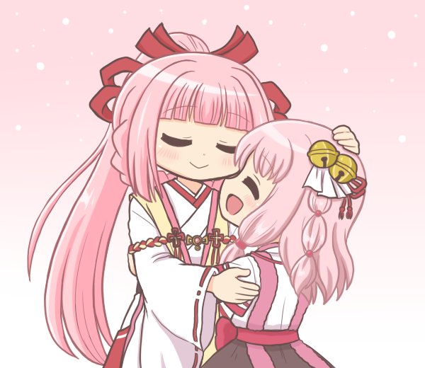2girls :d bad_id bad_tag bad_twitter_id bell blunt_bangs blush braid closed_eyes closed_mouth dot_nose gradient_background hair_bell hair_ornament hair_ribbon hakama hand_on_another&#039;s_back hand_on_another&#039;s_head happy high_ponytail hug japanese_clothes jingle_bell kimono long_hair long_sleeves magia_record:_mahou_shoujo_madoka_magica_gaiden magical_girl mahou_shoujo_madoka_magica medium_hair miko multiple_girls official_alternate_costume open_mouth pink_background pink_hair ponytail red_ribbon reverse_(bluefencer) ribbon ribbon-trimmed_sleeves ribbon_trim shirt short_sleeves siblings side_braid side_braids sidelocks simple_background sisters skirt smile tamaki_iroha tamaki_iroha_(miko_ver.) tamaki_ui tamaki_ui_(miko_ver.) twin_braids very_long_hair white_kimono white_shirt wide_sleeves