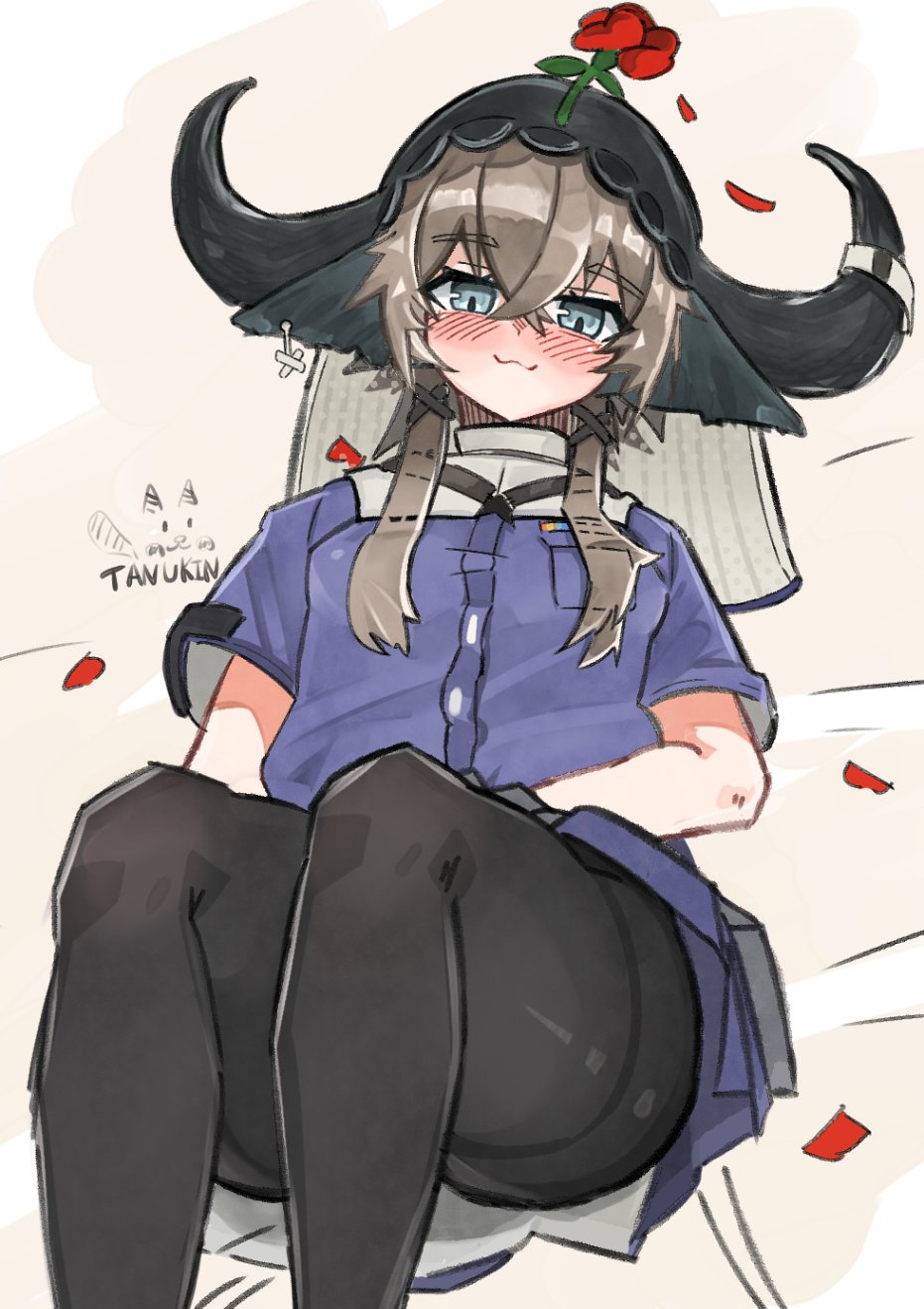 1girl :3 arknights black_horns black_pantyhose blue_eyes blush brown_hair closed_mouth crossed_bangs feet_out_of_frame flower hair_between_eyes hair_ornament highres horns looking_at_viewer pallas_(arknights) pantyhose petals purple_shirt red_flower red_rose rose rose_petals shirt short_hair_with_long_locks short_sleeves sidelocks signature sitting smile solo tanukin_tv x_hair_ornament