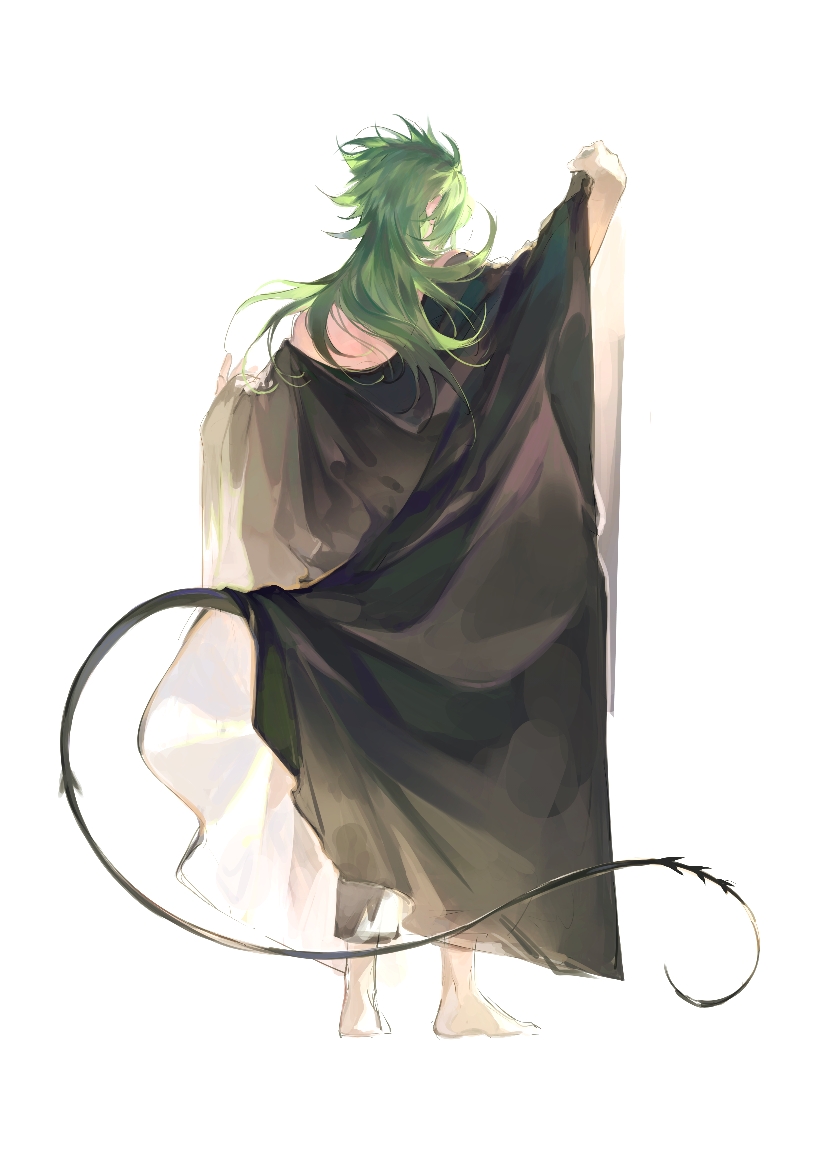 1boy alannoran alternate_costume alternate_species black_robe fins fish_tail from_behind full_body green_hair kraken_isaac long_hair male_focus manta_ray_boy monster_boy robe saint_seiya solo standing stinger tail undressing