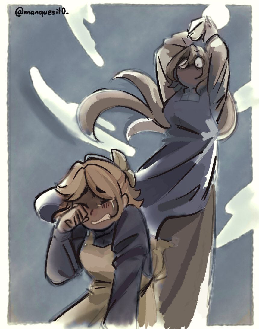 2girls apron bags_under_eyes black_robe blonde_hair clarith clenched_teeth closed_eyes constricted_pupils crying dagger evillious_nendaiki from_below grim_the_end holding holding_dagger holding_knife holding_weapon imminent_death imminent_stabbing kagamine_rin kneeling knife long_hair manque multicolored_hair multiple_girls muted_color nun peril ponytail regret_message_(vocaloid) riliane_lucifen_d&#039;autriche robe shaded_face shiro_no_musume_(vocaloid) short_hair streaked_hair sun tears teeth twitter_username very_long_hair vessel_of_sin vocaloid weapon white_apron white_hair wiping_tears yowane_haku