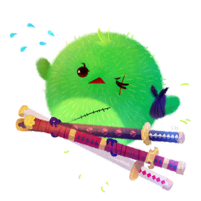 alternate_form bandana_around_arm bird claws commentary flying_sweatdrops green_fur one_eye_closed one_piece pikaole roronoa_zoro scar scar_across_eye scar_on_face simple_background stitched_torso stitches sword weapon white_background