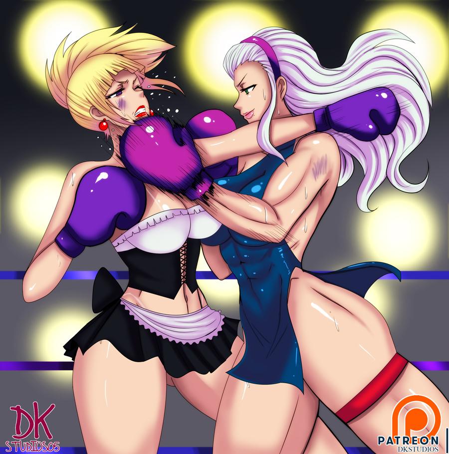 2girls amazon_(dkstudios05) ass bartender_girl_(dkstudios05) boxing boxing_gloves boxing_ring breasts cleavage curvy dkstudios05 leotard maid multiple_girls open_mouth patreon punching thick_thighs