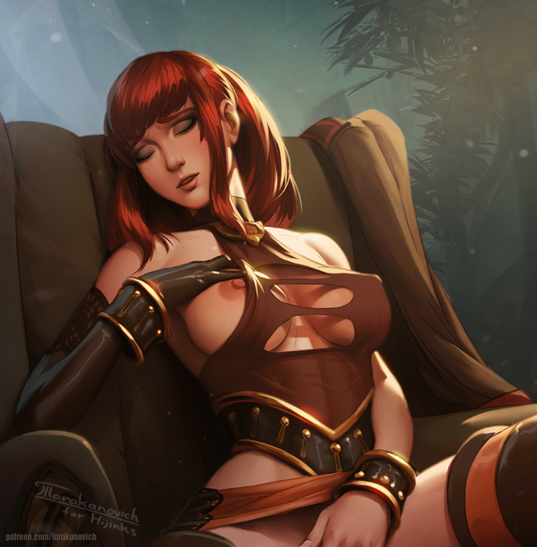 1girl armchair artist_name bare_shoulders black_boots black_gloves boots breasts center_opening chair cleavage closed_eyes collarbone covered_erect_nipples covering_crotch covering_privates cropped eyeshadow female_focus fingernails gloves hand_on_own_chest karin_koenig large_breasts lips makeup nipple_slip nipples out-of-frame_censoring parted_lips plant potted_plant red_hair shadow_hearts_ii single_glove sitting skin_tight sleeping sleeping_upright solo tarakanovich thigh_boots thighhighs underboob watermark web_address wrist_cuffs
