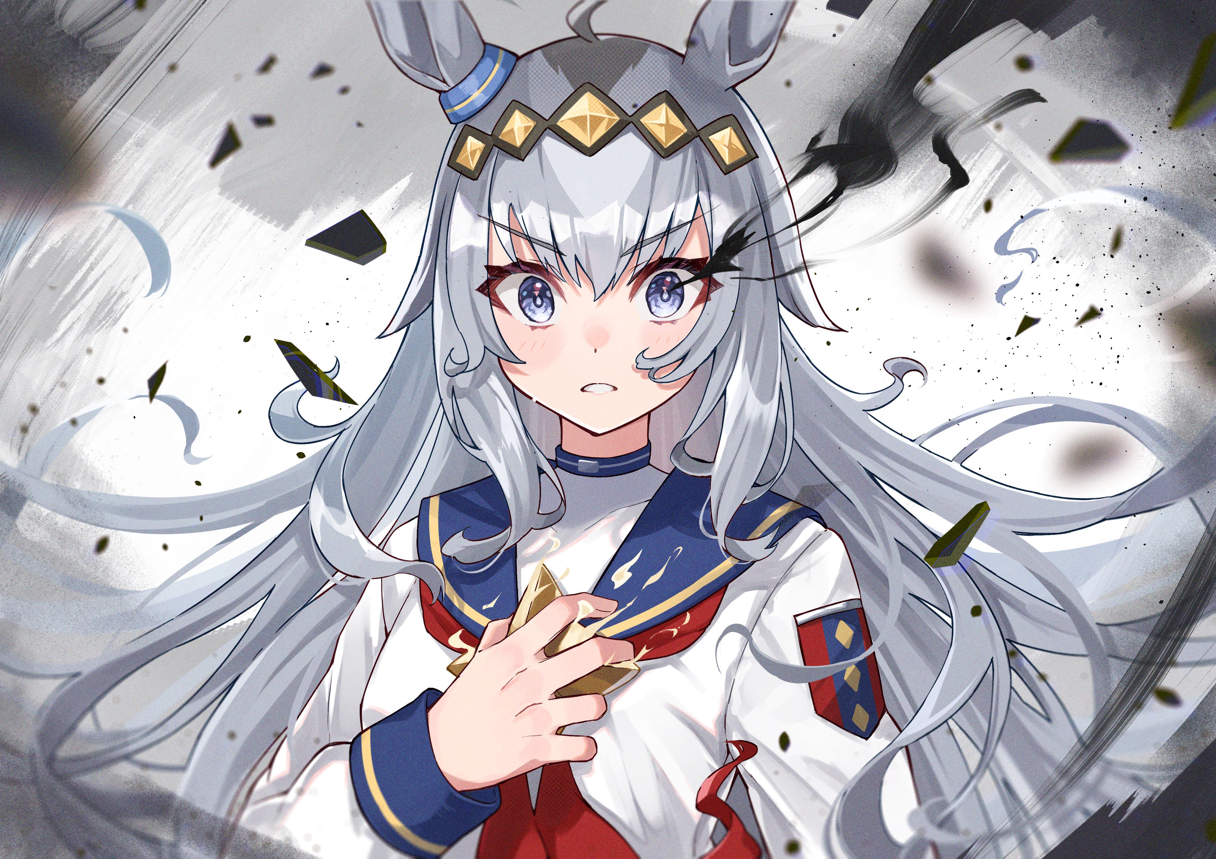 1girl absurdres ahoge animal_ears aura blue_eyes blue_sailor_collar brooch commentary dark_aura ear_ornament grey_hair hair_ornament hand_on_own_chest haru_yu highres horse_ears horse_girl jewelry long_hair long_sleeves looking_at_viewer neckerchief oguri_cap_(umamusume) open_mouth red_neckerchief sailor_collar shirt solo star_brooch umamusume umamusume:_cinderella_gray upper_body white_shirt wind