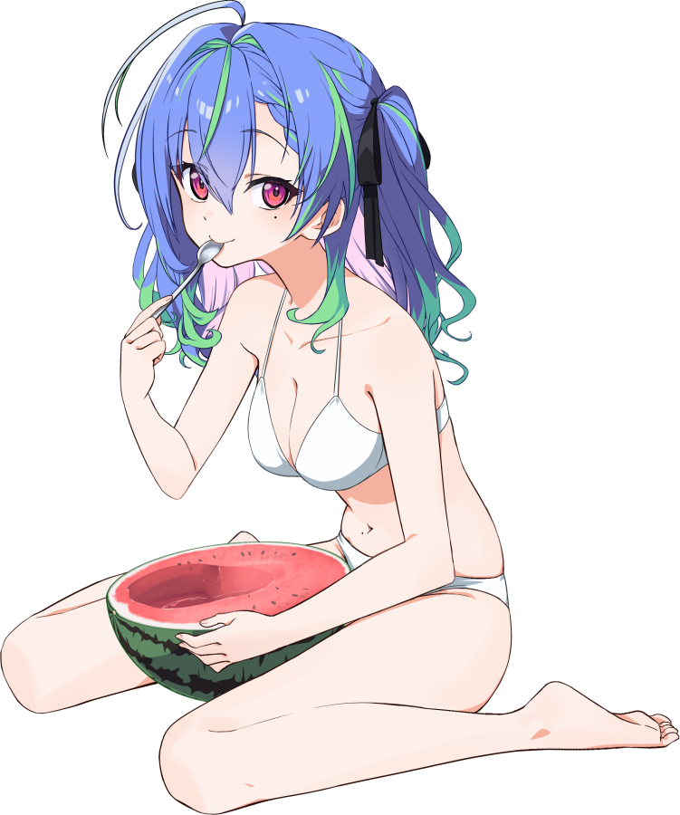 1girl ahoge alternate_costume bikini black_bow blue_hair bow breasts cleavage closed_mouth commentary_request eating food fruit full_body green_hair hair_bow hair_intakes holding holding_spoon looking_at_viewer medium_breasts mole mole_on_stomach mole_under_eye multicolored_hair nanashi_inc. navel ougimaneki pink_eyes pink_hair simple_background sitting smile solo spoon suzumi_nemo swimsuit transparent_background two_side_up virtual_youtuber wariza watermelon white_bikini