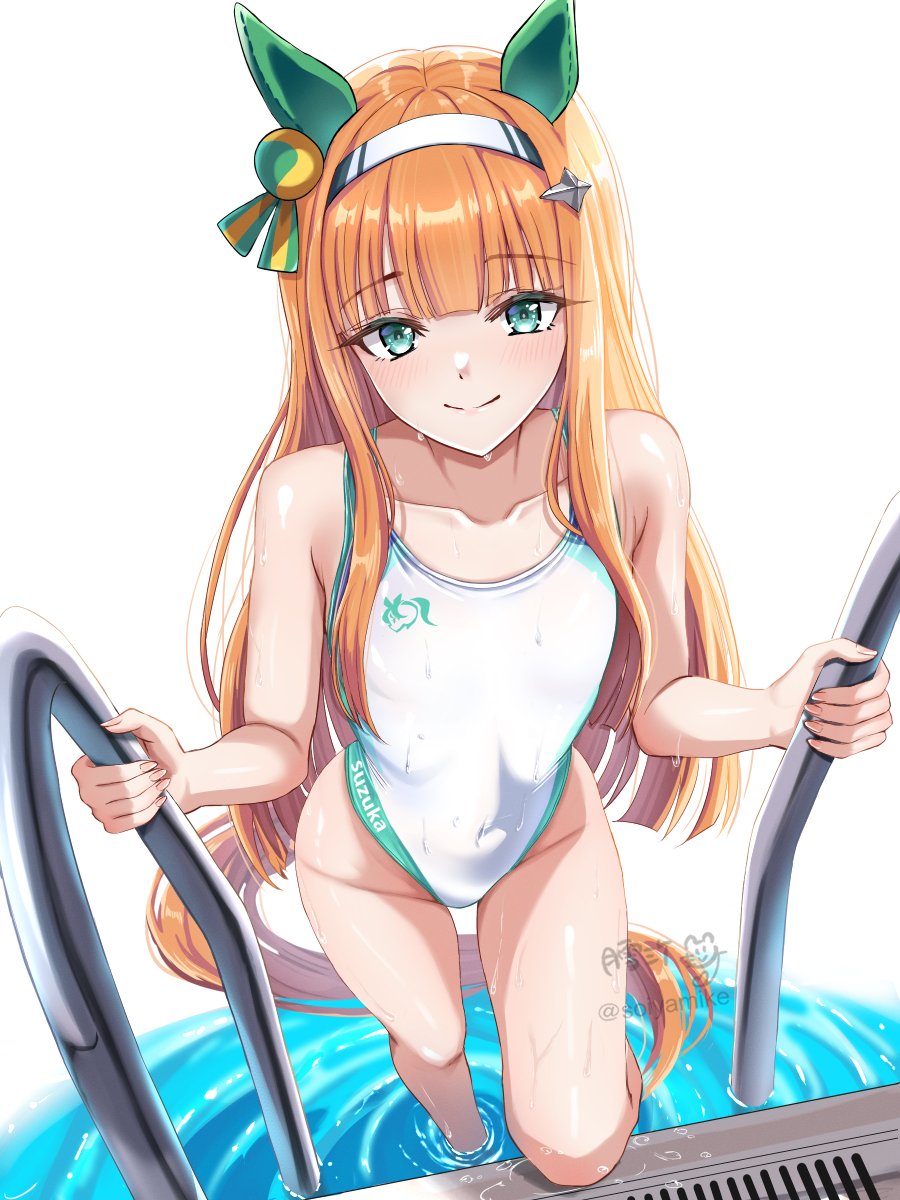1girl animal_ears covered_navel highres horse_ears horse_girl horse_tail one-piece_swimsuit orange_hair pool pool_ladder silence_suzuka_(umamusume) smile solo swimsuit tail tsukiyuki_mike umamusume white_background white_one-piece_swimsuit