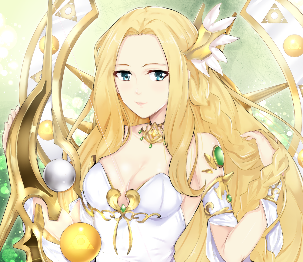 1girl armlet bad_id bad_pixiv_id blonde_hair blue_eyes braid choker dress duel_monster hair_ornament jewelry kalian long_hair looking_at_viewer orb playing_with_own_hair portrait selene_queen_of_the_master_magicians smile staff very_long_hair white_dress yu-gi-oh!