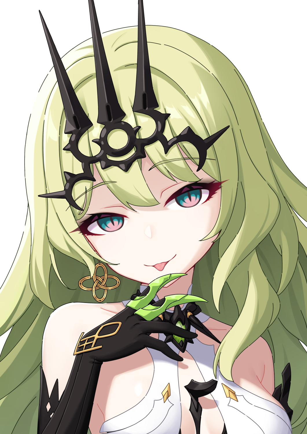 1girl bare_shoulders black_gloves black_tiara breasts commentary earrings gloves green_hair heijialan highres honkai_(series) honkai_impact_3rd jewelry long_hair mobius_(honkai_impact) simple_background slit_pupils small_breasts solo spikes tiara tongue tongue_out upper_body white_background