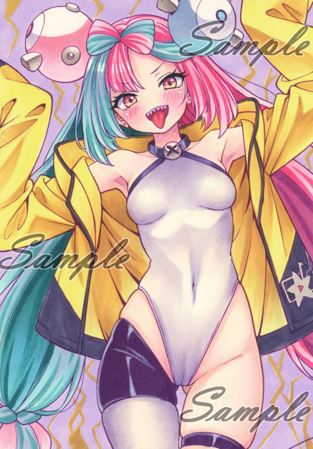 1girl :d adapted_costume bow-shaped_hair breasts cameltoe character_hair_ornament commentary_request covered_navel cowboy_shot grey_background grey_leotard hair_ornament happy iono_(pokemon) jacket leotard long_hair looking_at_viewer miyakooo0420 multicolored_hair nintendo open_clothes open_jacket open_mouth pokemon pokemon_sv sample_watermark smile solo star_(symbol) star_print teeth thigh_strap tongue tongue_out traditional_media twintails two-tone_hair upper_teeth_only watermark yellow_jacket