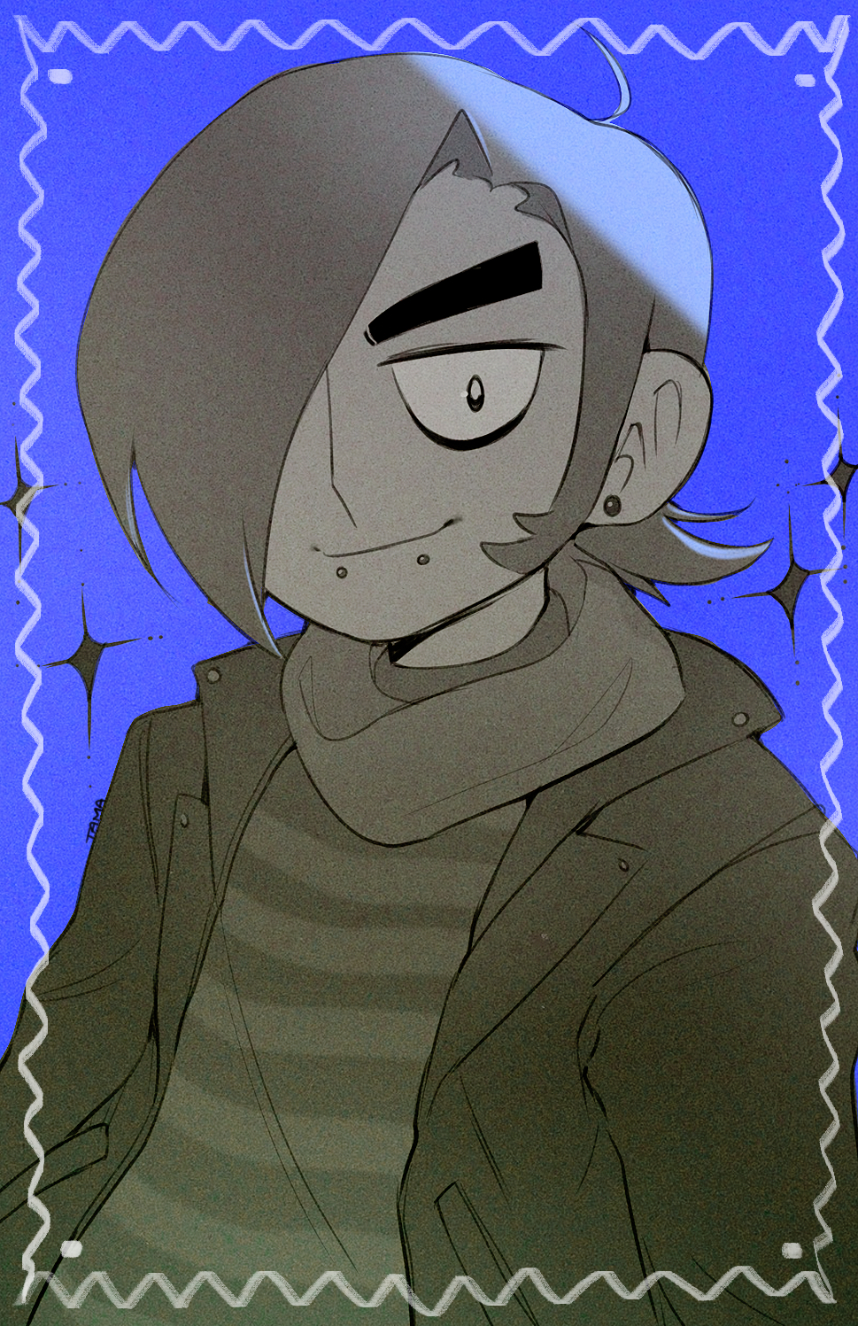 1boy ahoge black_eyeliner blue_background commentary dark-skinned_male dark_skin ear_piercing existenc3 eyeliner face_piercing greyscale greyscale_with_colored_background hair_over_one_eye highres jacket lip_piercing looking_at_viewer makeup male_focus matthew_patel monochrome piercing scarf scott_pilgrim_(series) scott_pilgrim_takes_off shirt short_hair smile solo sparkle striped_clothes striped_shirt turtleneck turtleneck_shirt upper_body
