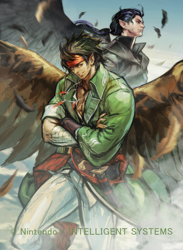 2boys alt_text blue_hair commentary_request company_name copyright_notice crossed_arms ear_chain earrings feather_necklace feathered_wings feathers fire_emblem fire_emblem:_path_of_radiance fire_emblem_cipher hiroaki_(kof) jewelry long_hair male_focus multiple_boys naesala_(fire_emblem) necklace nintendo official_art pectoral_cleavage pectorals pointy_ears ponytail tibarn_(fire_emblem) wings