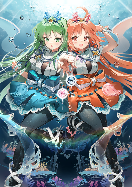2girls :d :o ahoge air_bubble anmi black_pantyhose blue_skirt blush bow bracelet breasts bubble coral coral_hair_ornament fate/grand_order fate_(series) feet_out_of_frame game_cg green_eyes green_hair hair_ornament hairband hibino_hibiki jewelry katsuragi_chikagi long_hair looking_at_viewer multiple_girls official_art open_mouth orange_eyes orange_hair orange_skirt pantyhose rainbow sandals shirt short_hair side-by-side skirt small_breasts smile standing standing_on_one_leg twintails underwater water white_shirt