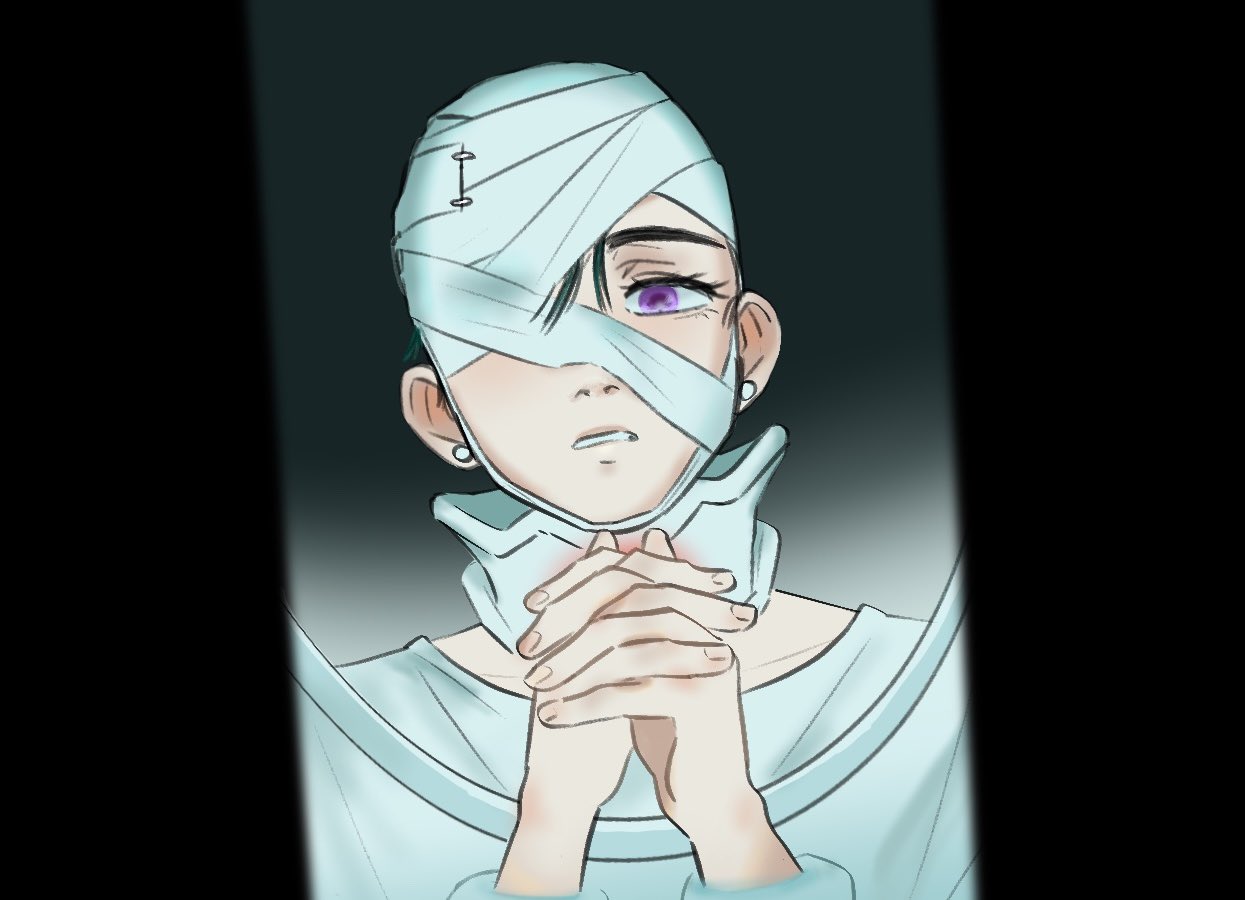 1girl alien_stage bandaged_head bandages black_hair earrings interlocked_fingers jewelry motii one_eye_covered own_hands_together parted_lips purple_eyes solo sua_(alien_stage)