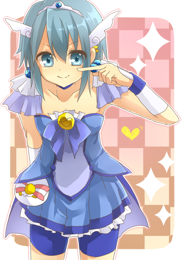 1girl bad_id bad_pixiv_id bike_shorts bike_shorts_under_skirt blue_eyes blue_hair blue_skirt color_connection cosplay cure_beauty cure_beauty_(cosplay) earrings female_focus jewelry kappe_reeka magical_girl mahou_shoujo_madoka_magica mahou_shoujo_madoka_magica_(anime) matching_hair/eyes miki_sayaka precure short_hair shorts shorts_under_skirt skirt smile smile_precure! solo tiara