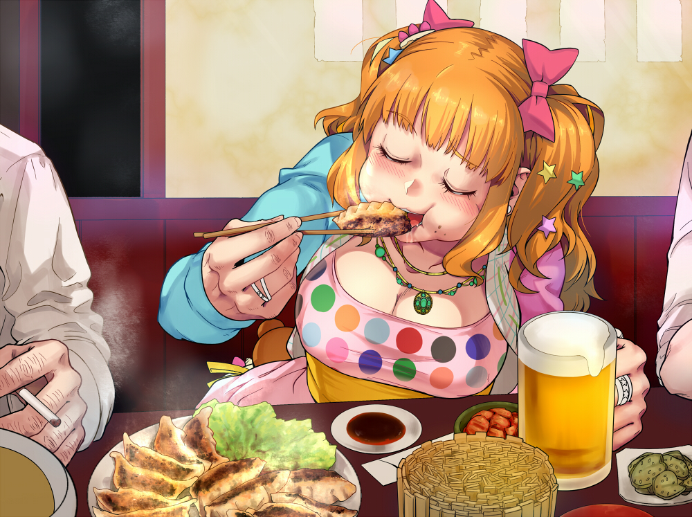 10s 1girl 2boys alcohol beer beer_mug blunt_bangs blush booth_seating bow breasts cheek_bulge chopsticks cigarette cleavage closed_eyes commentary_request cup drinking_glass dumpling earrings eating food food_on_face hair_bow hair_ornament hair_ribbon holding holding_chopsticks holding_cup idolmaster idolmaster_cinderella_girls indoors jewelry jiaozi large_breasts long_sleeves moroboshi_kirari mug multicolored_clothes multicolored_polka_dots multiple_boys necklace open_mouth orange_hair out_of_frame pendant pickle plate plump polka_dot polka_dot_shirt pov_across_table ribbon ring sakurai_energy shirt star_(symbol) star_hair_ornament table twintails