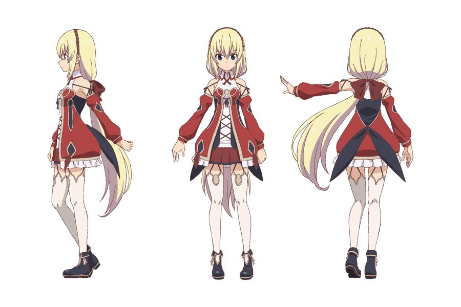 1girl armpits black_footwear blonde_hair blue_eyes reference_sheet detached_sleeves grimms_notes grimms_notes_the_animation kawashima_hisashi multiple_views official_art outstretched_arm reina_(grimms_notes) serious simple_background white_background