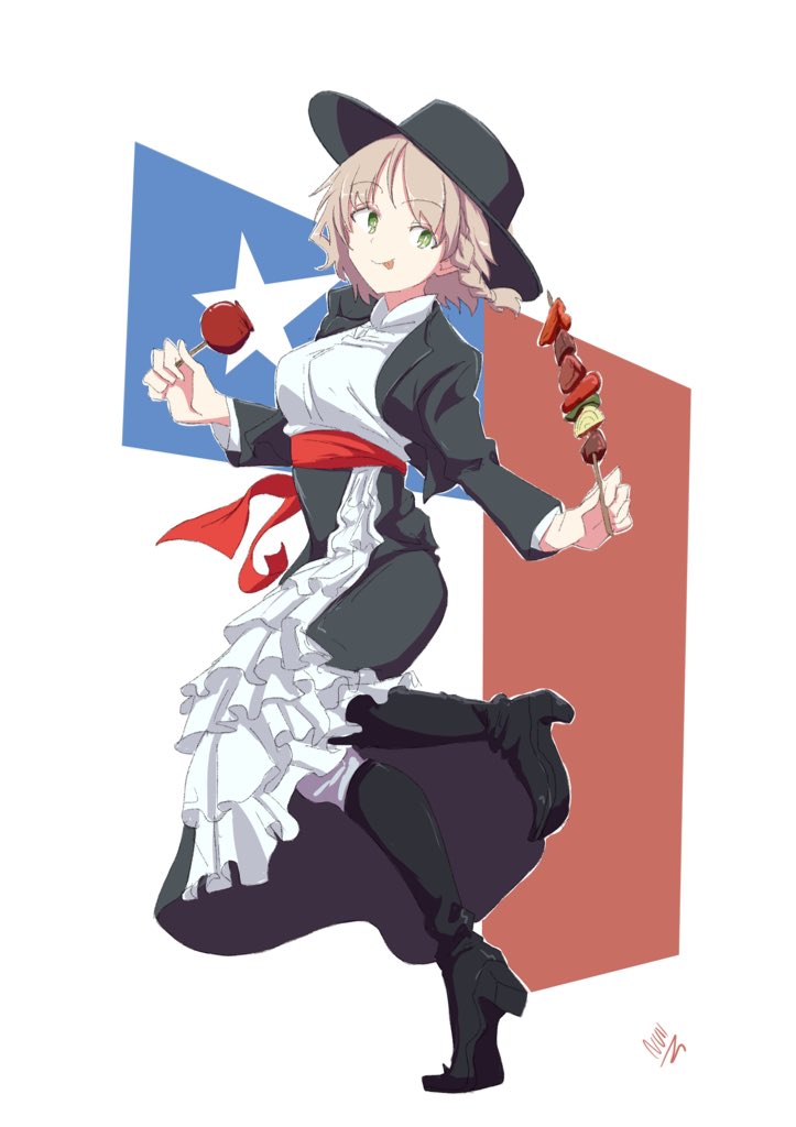 1girl black_boots black_dress black_headwear boots brown_hair candy_apple chile chilean_clothes chilean_flag closed_mouth dress food frilled_dress frills full_body green_eyes holding holding_food long_sleeves manganull original short_hair skewer smile solo tongue tongue_out white_background