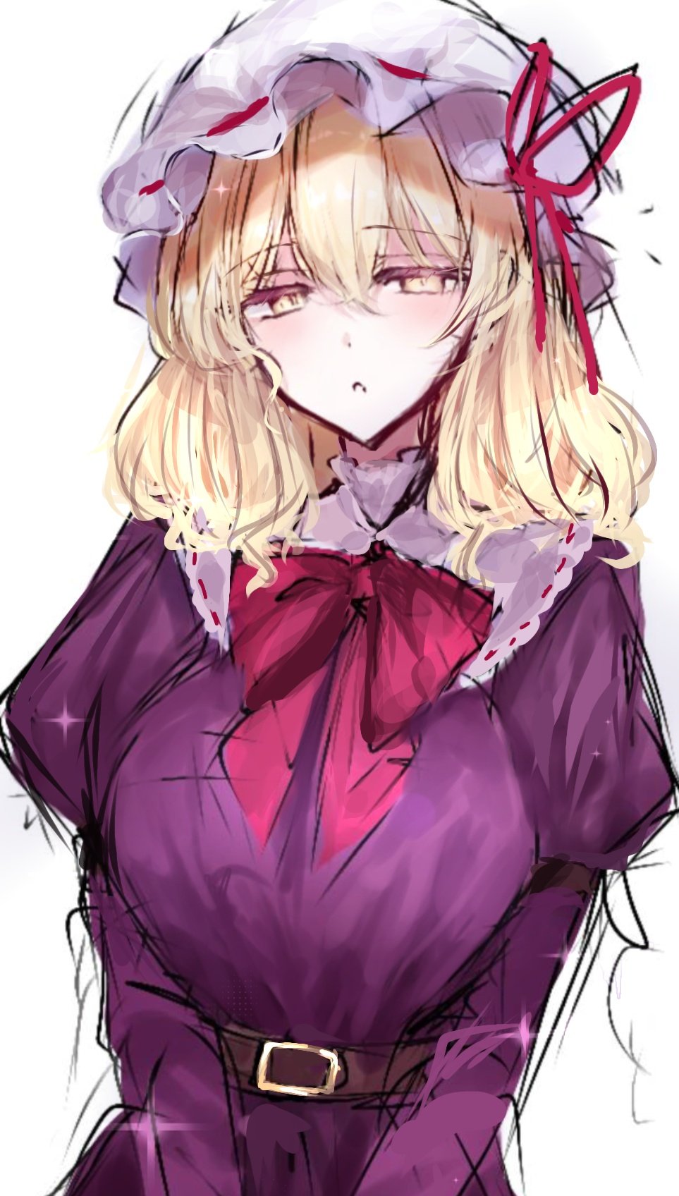 1girl belt blonde_hair breasts dress hat highres maribel_hearn medium_breasts medium_hair mob_cap neckerchief purple_dress red_neckerchief t03p0iungjj1krn touhou yellow_eyes