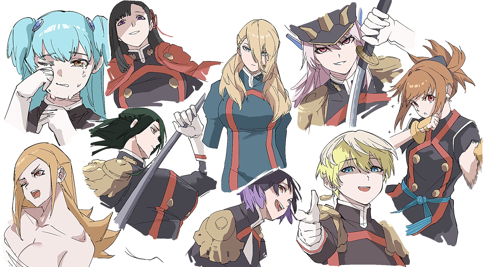 6+girls artist_request azuma_fubuki black_hair blonde_hair blue_eyes blue_hair breasts brown_hair cleavage crying ezo_yakumo finger_gun highres izumo_tenka kamiunten_mira large_breasts long_hair looking_at_viewer mato_seihei_no_slave medium_breasts medium_hair multiple_girls one_eye_closed open_mouth pointing purple_eyes purple_hair short_hair small_breasts smile smirk sword tatara_konomi tsukiyono_bell uzen_kyouka varvara_pilipenko weapon white_hair wink yamashiro_ren